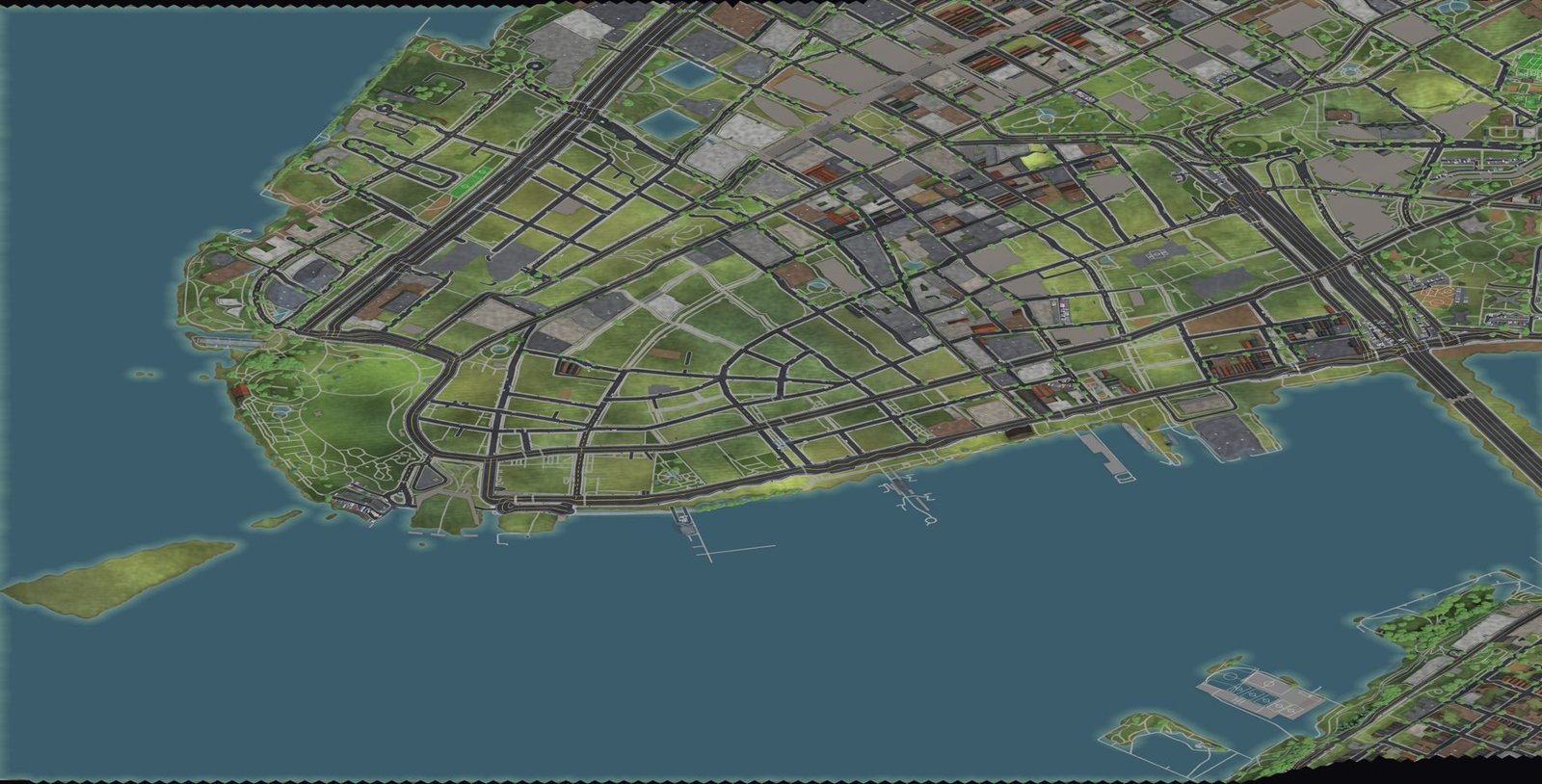 Aerial view of a Test 58 battle map: a coastal city with streets, parks and a harbour